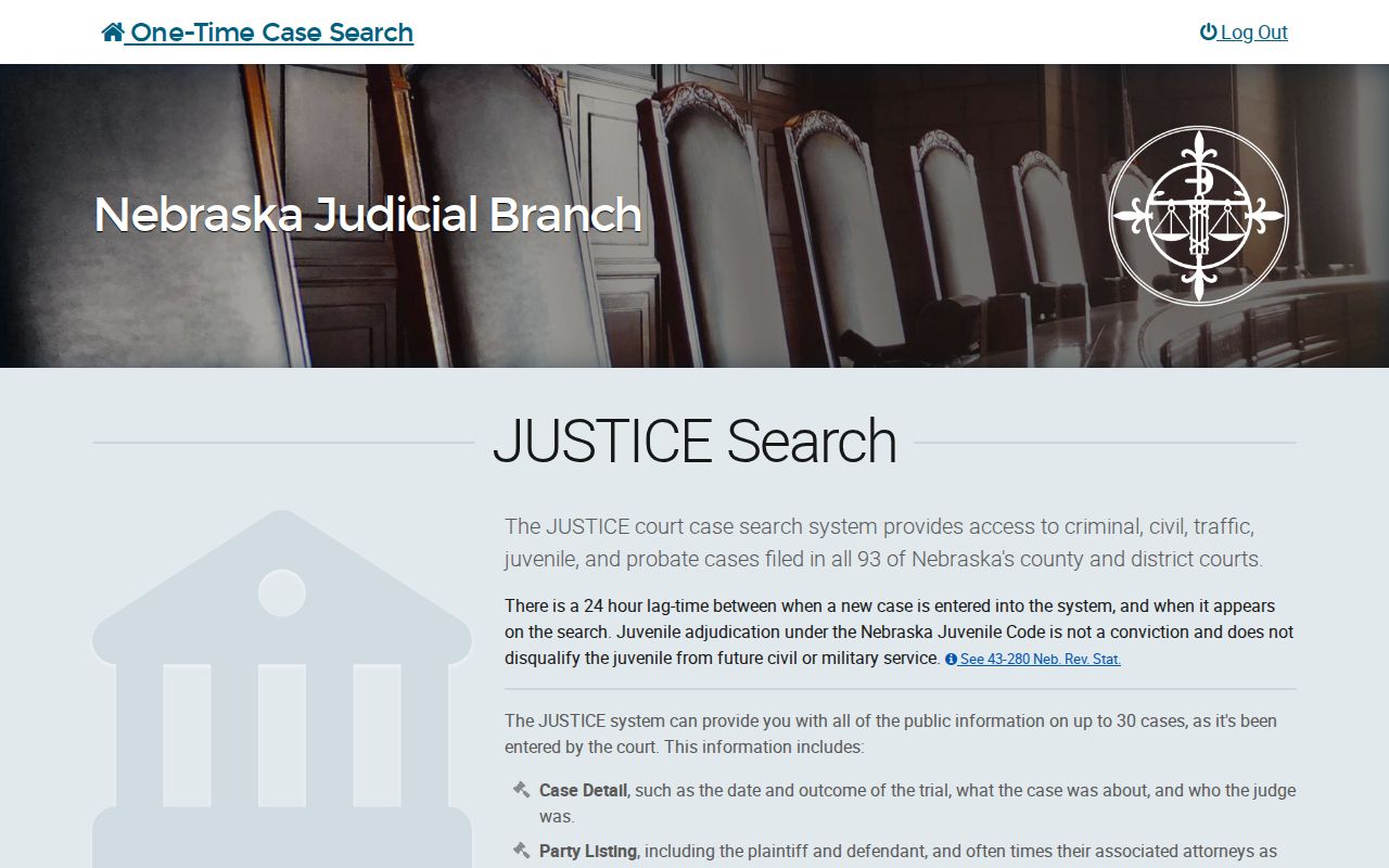 Garden County case search terms screen for Nebraska JUSTICE