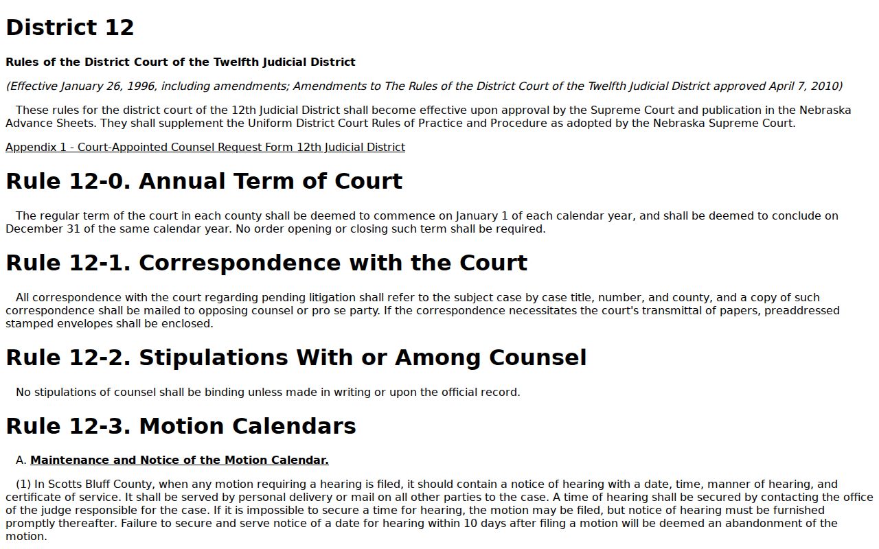 Garden County court calendar District 12 local rules and trial docket scheduling