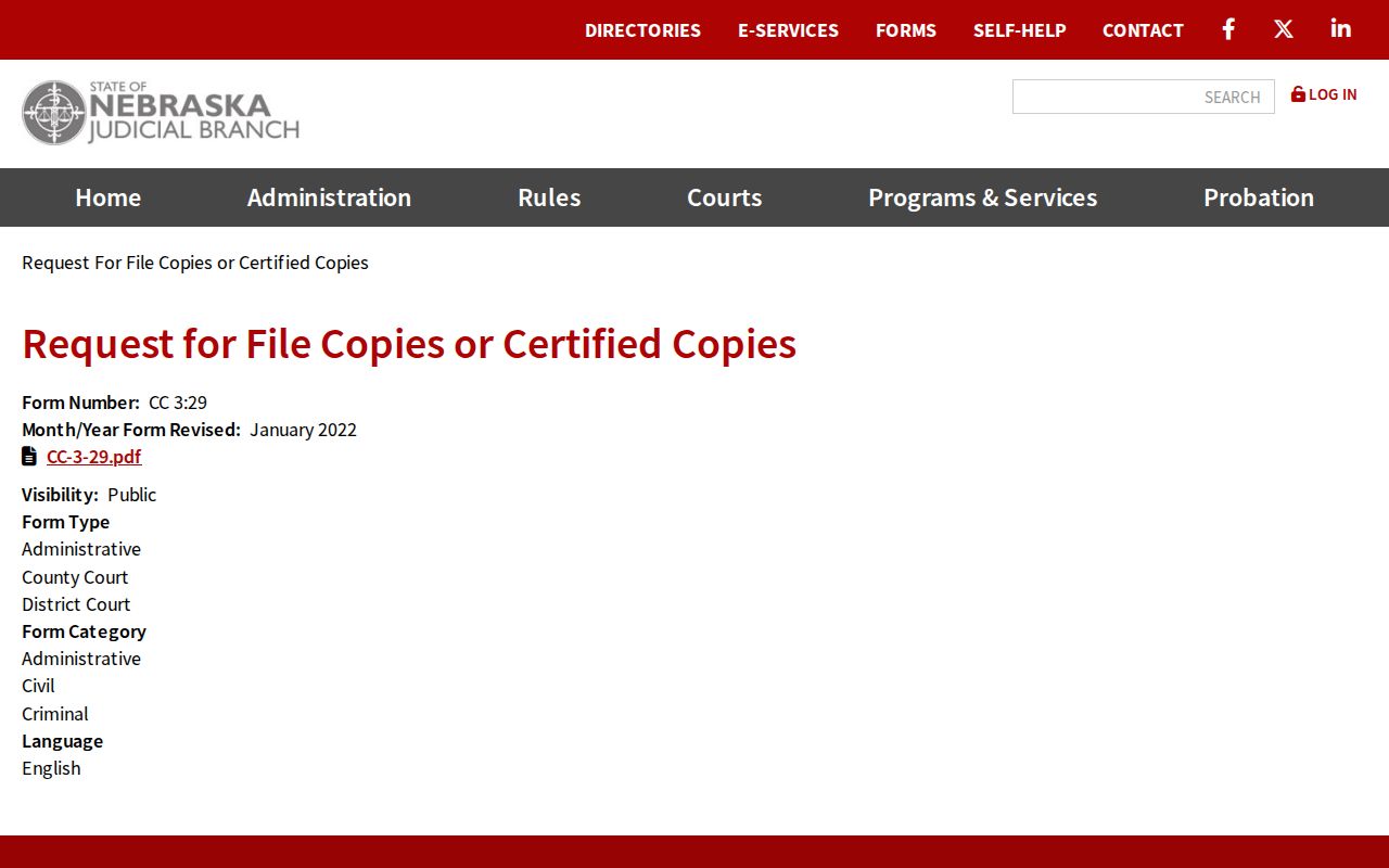 Garden County court records copy request form from Nebraska Judicial Branch