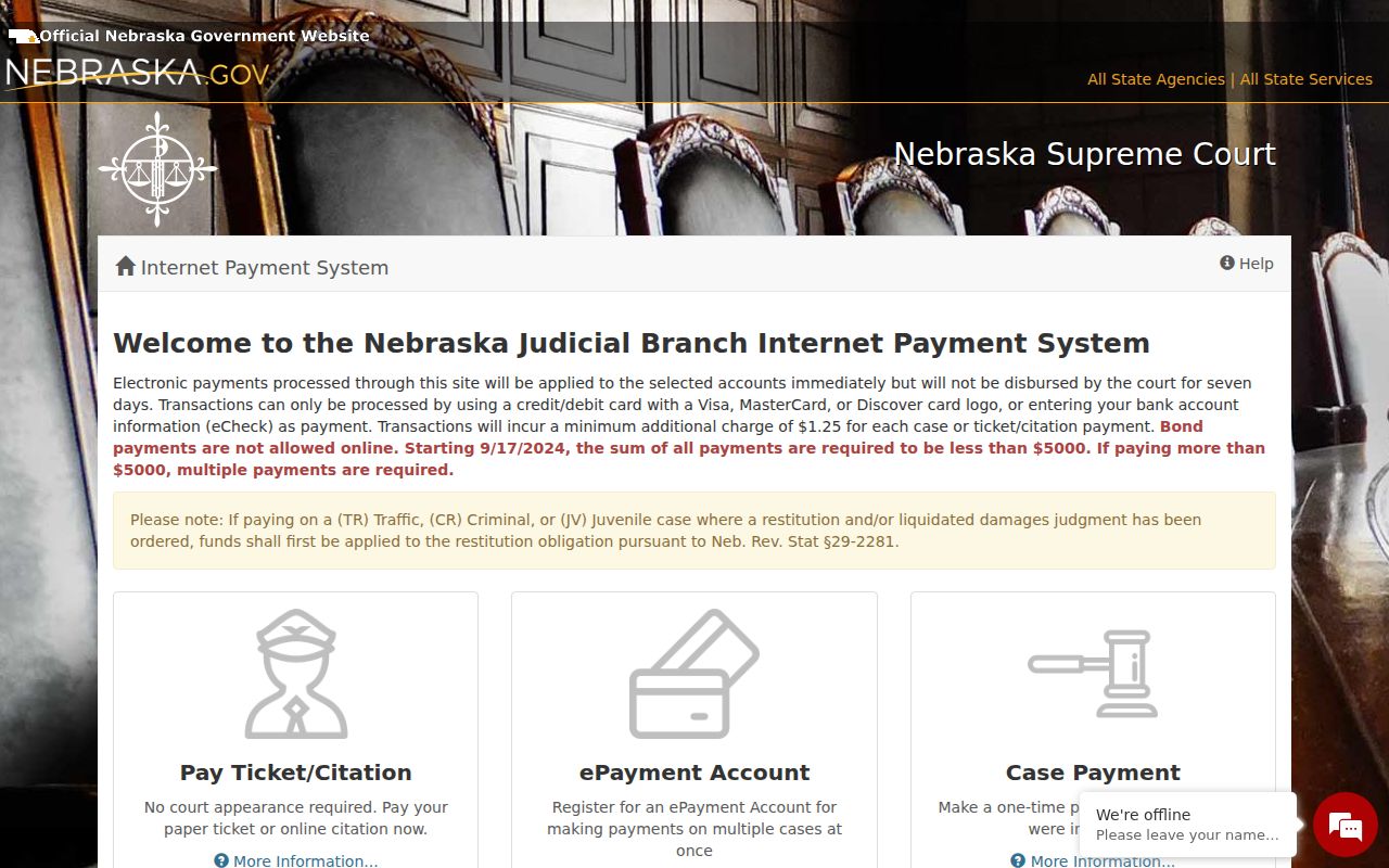 Garden County traffic court record payment screen for Nebraska ePayment