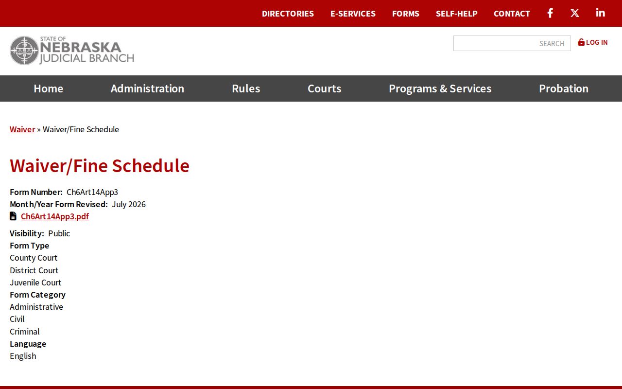 Garden County traffic court waiver fine schedule source from Nebraska Judicial Branch