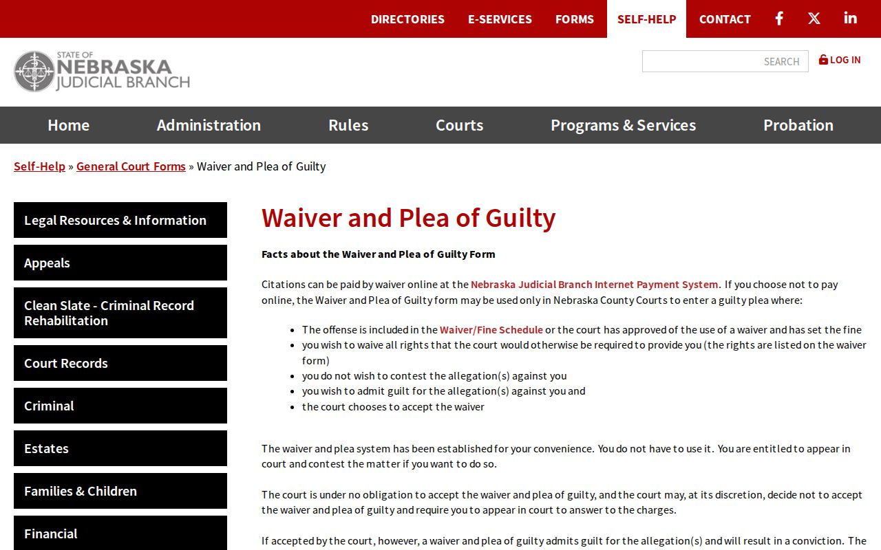 Garden County traffic court waiver and plea form from Nebraska Judicial Branch